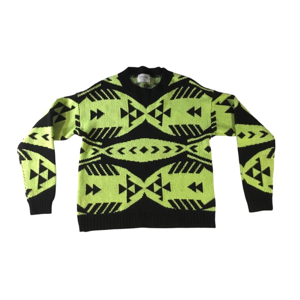Neon yellow and black geometric Aztec print sweater vintage 80’s Snidel medium M